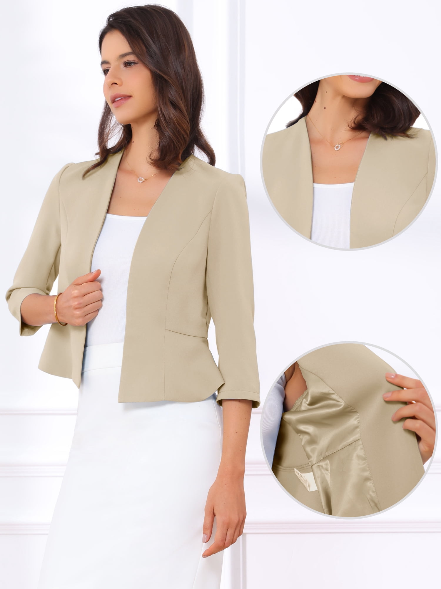 DARING DIVA Women's Open Front 3/4 Sleeve Peplum Business Blazer L Apricot