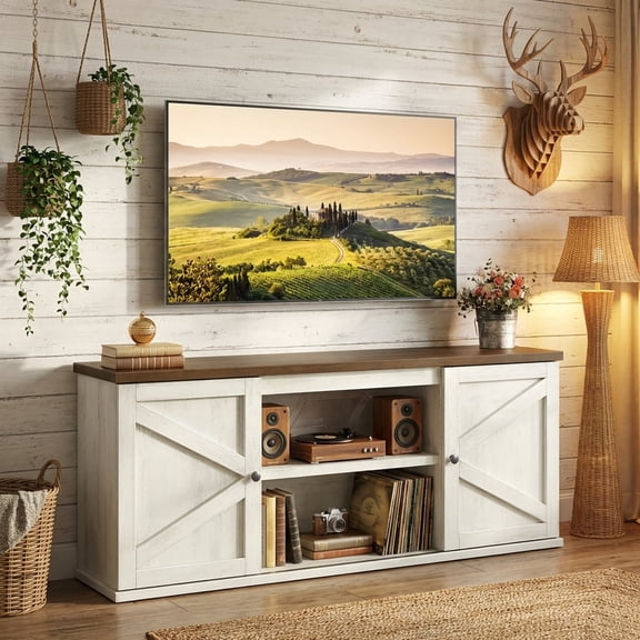 LEDREM 65-Inch Farmhouse TV Stand, Entertainment Center with Sliding Barn Doors & 4 Storage Compartments, 170 lb Capacity, Rustic White & Honey Brown