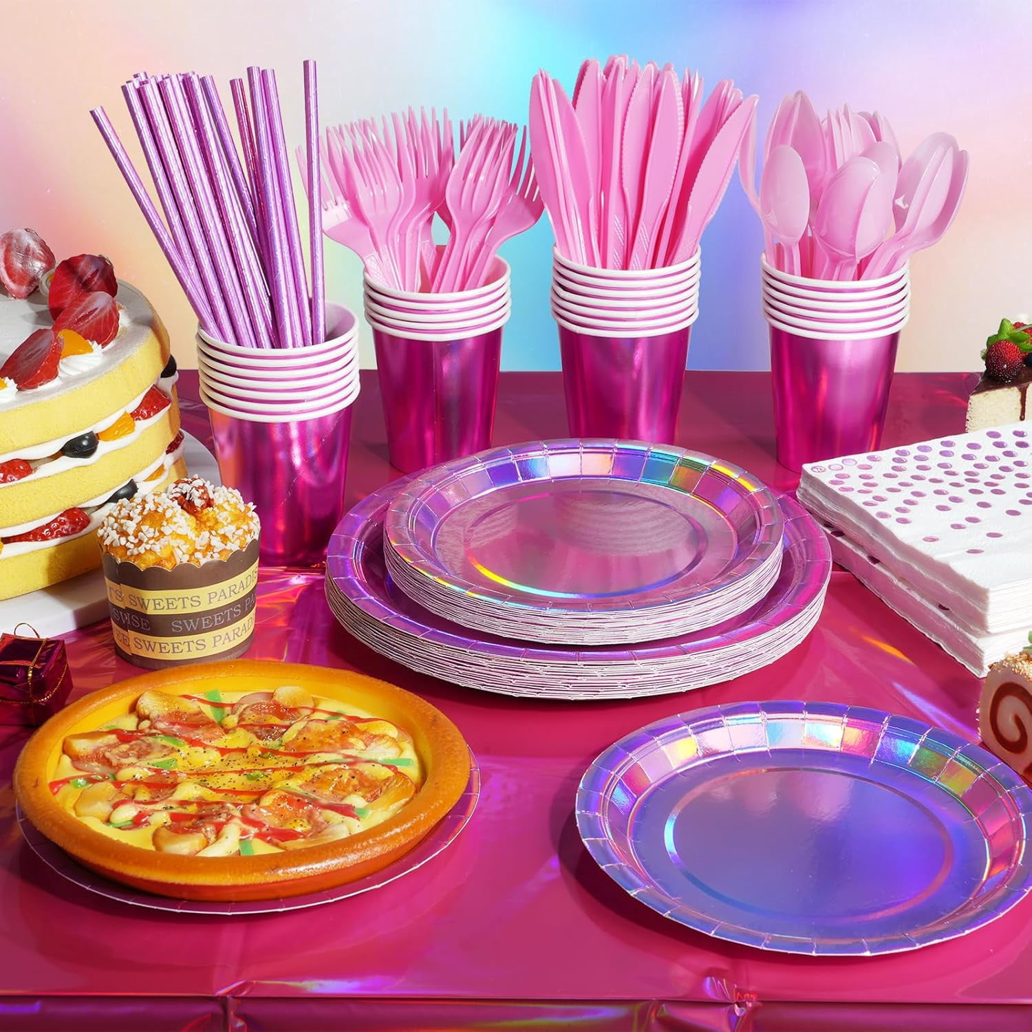 Iridescent Pink Party Supplies Decorations Serve 25,  Disposable Holographic Paper Plates and Napkins Set for Mermaid Disco Birthday Graduation Party