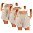 thumbnail image 2 of Yourumao Women's 3 Packs Linen Shorts Drawstring Ruffle Waist Shorts Solid Wide Leg Pants Lightweight Lounge Vacation Shorts with Pocket, 2 of 3