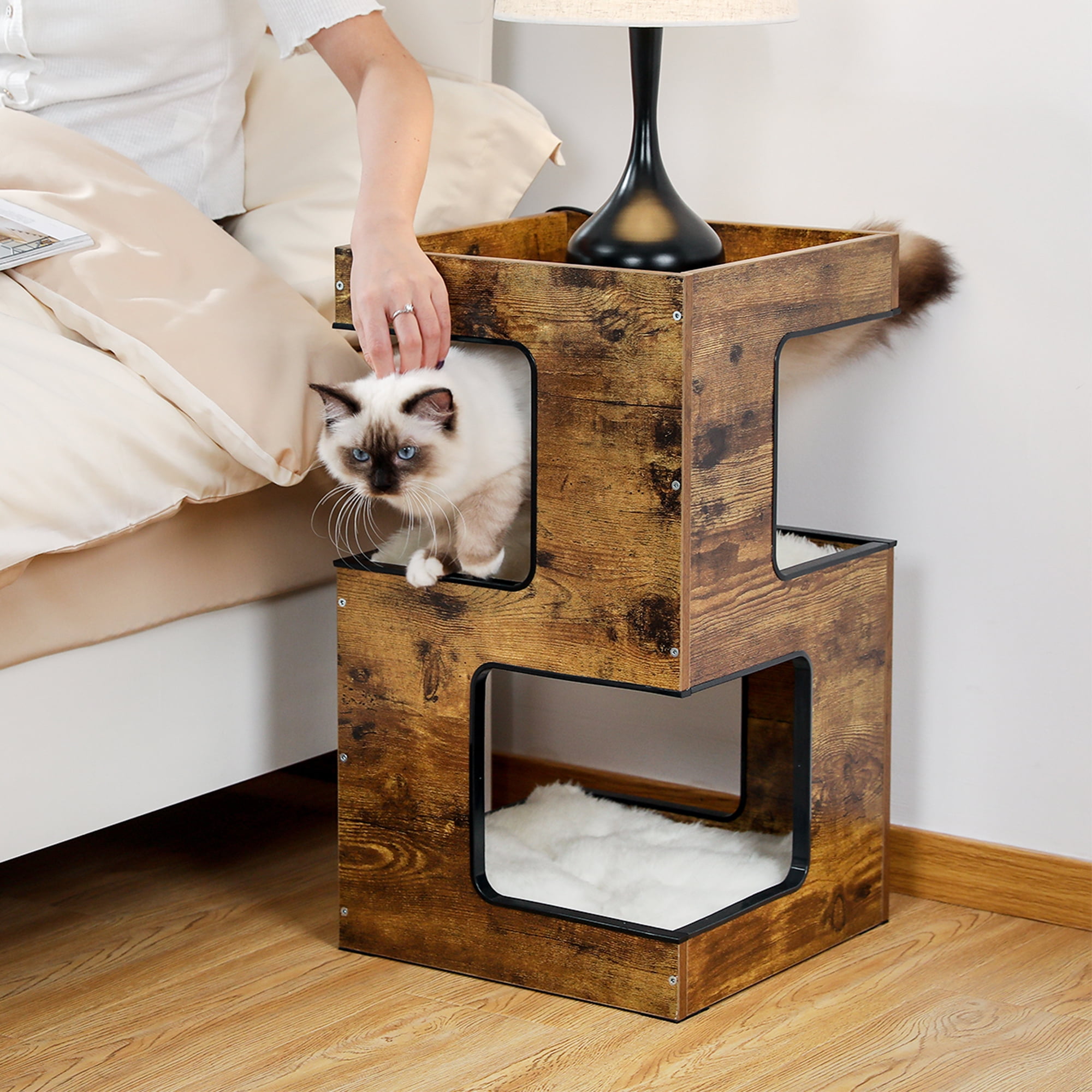 Pefilos 23" Wood Cat House Furniture for Indoor Cats, Modern Cat Tree Tower Bed with Free Cat Toy, Scratching Pad and Removable Soft Mats, Small Cat Condo, Brown Pefilos 23" Wood Cat House Furniture for Indoor Cats, Modern Cat Tree Tower Bed with Free Cat Toy, Scratching Pad and Removable Soft Mats, Small Cat Condo, Brown