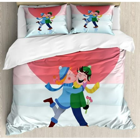Cheeks Boots Boyfriend Queen Size Duvet Cover Set, Winter Love Theme Girl Kisses Boy on the Cheek when He Gives Her Flowers Image, Decorative 3 Piece Bedding Set with 2 Pillow Shams, Multicolor, by Ambesonne ()