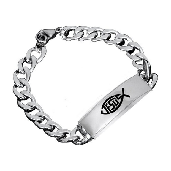 Ichthys Jesus Fish Cross Stainless Steel Cuban Chain Bracelet for Men Women Christian Catholic Faith Symbol Blessing Jewelry Silver