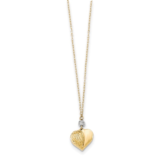 14k Yellow and White Gold Two Tone Polished & Diamond Cut Puffed Heart Necklace Length 18 Inch