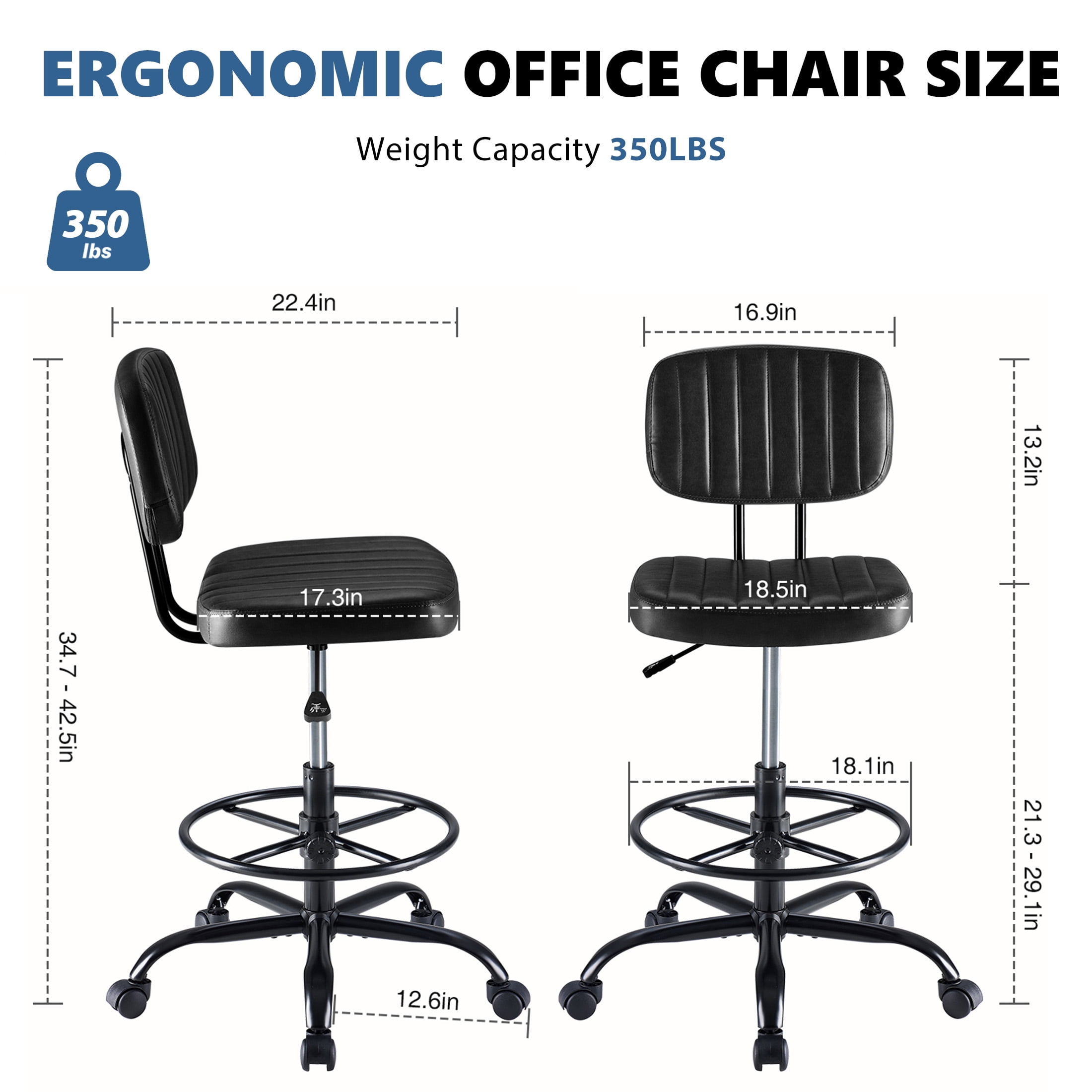 edx Adjustable Height & Foot Rest Office Desk Chairs with Backrest, PU Leather Modern Rolling Stool with Wheels 360°Swivel Task Chair for Home Office Bar Kitchen Shop(Black)