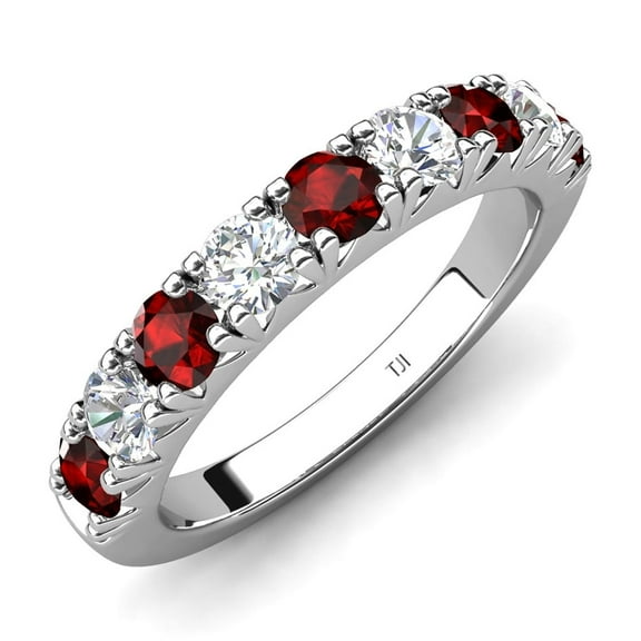 TriJewels 0.98 ctw Red Garnet and Lab Grown Diamond (3.00 mm) 9 Stone Wedding Band in 10K Gold