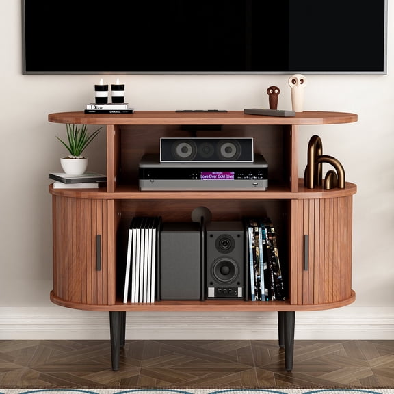 Large Round Record Player Stand with Charging Station & USB Ports, Record Storage Cabinet, Mid Century Modern Turntable Stand for Bedroom Living Room (WALNUT)