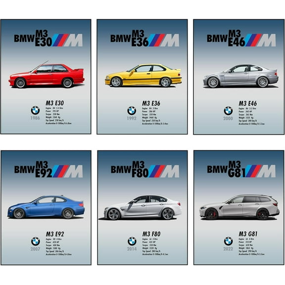 Car Canvas Wall Poster BMW M3 series 8x10 Inch 6 Posters for Bedrooms for Boys Offices or Man Caver for Garage E30 E46 E92 F80 G81 Unframed