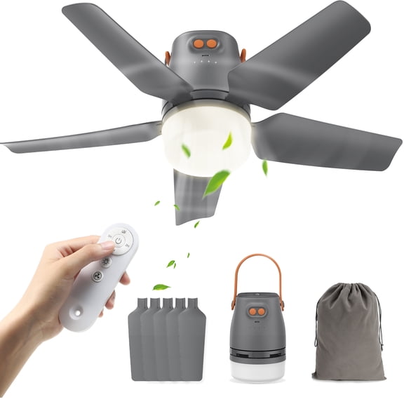 Ceiling Fans with Lights, Hangable Portable Camping Fan with Remote Control, Rechargeable Wireless gazebo Fan Outside, for Outoor Tent Porch Canopy Pergola RV Travel