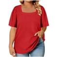 thumbnail image 6 of Womens Summer Tops Plus Size Solid Color T-Shirt Summer Casual Loose Women's Trendy Short Sleeves Squared Neck Pullover Lightweight Blouse Tops XL-5XL, 6 of 7