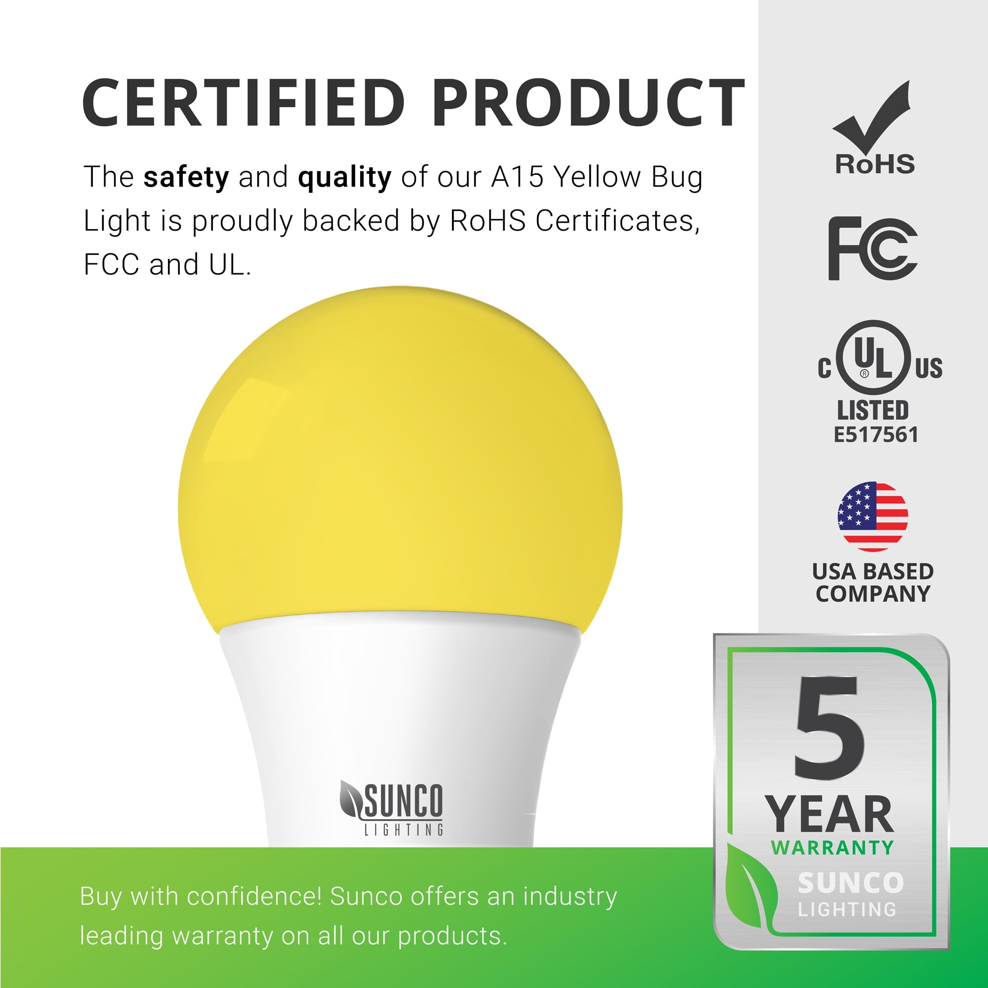 Sunco LED Bug Light Bulbs Outdoor A15 Yellow Bug Repellent Porch Light 8W Dimmable 2000K Amber Glow, E26 Medium Base, Instant On, Flicker Free, UL Listed 6 Pack