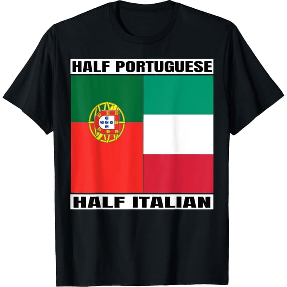 Half Portuguese Half Italian Roots Portugal & Italy Flag T-ShirtMen and women, Black T-shirt, size: Extra large