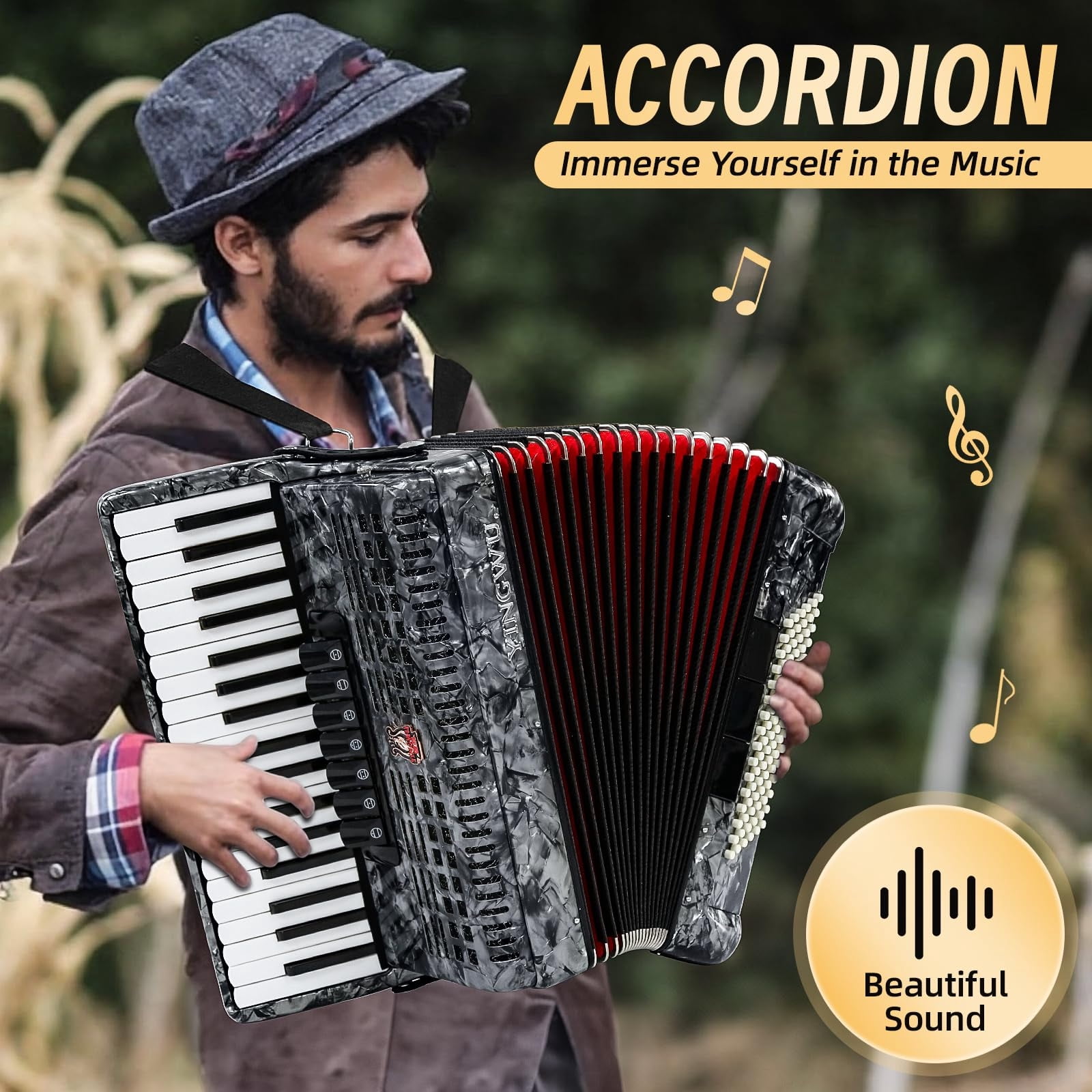Accordion, 37 Keys 96 Bass Professional Accordion for Beginners and Advanced Players with Backpack and Strap