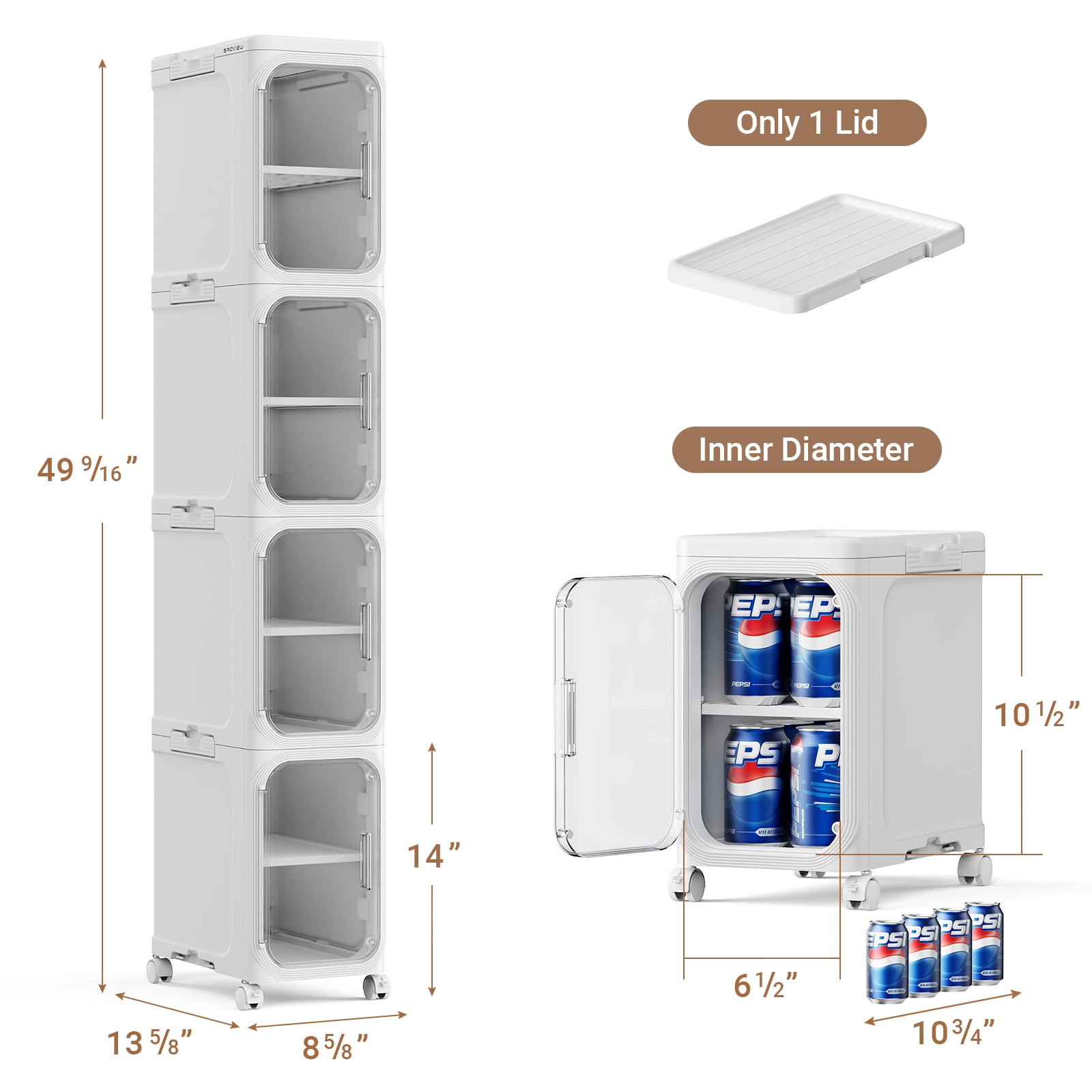 BROVIEW 4-Tier Slim Bathroom Storage Cabinet, Foldable Narrow Bathroom Cabinet Organizer for Small Spaces, Adjustable Fridge & Vanity Gap Storage, Easy Move, White