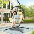 thumbnail image 2 of PAPROOS 2 Piece Egg Chair, Hanging Egg Chair with Stand Outdoor Indoor Use, Patio Wicker Swing Basket Chair for Kids Adults, Holds 300lbs, Modern Hammock Chairs for Porch Balcony, Beige, 2 of 11
