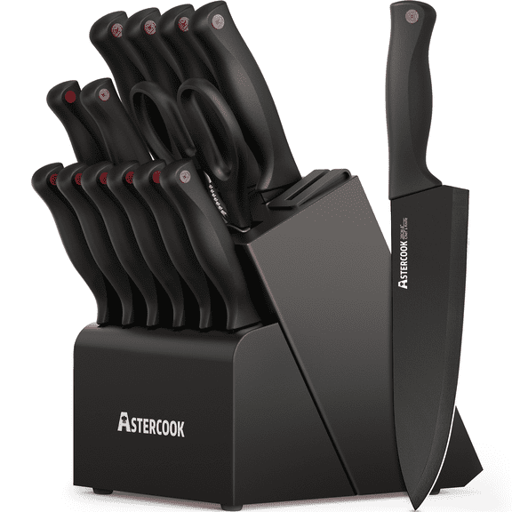 Astercook 14-Piece Kitchen Knife Set, Knives Block Set with Built-in Sharpener, Healthy Anti-Rust Coating & German Stainless Steel Knife Set, Dishwasher Safe Black