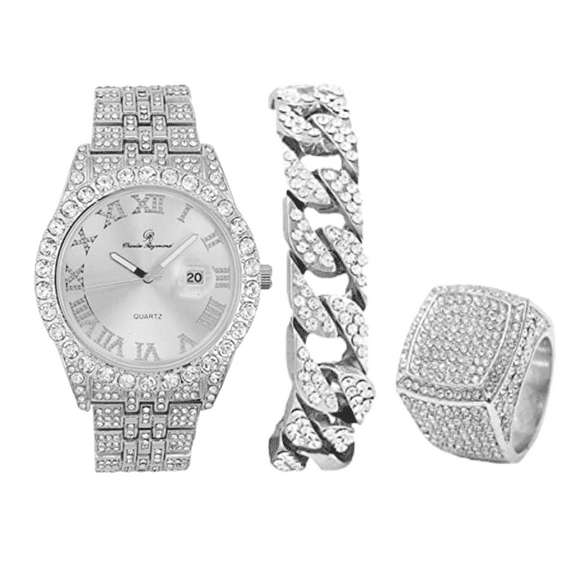 Charles Raymond Fully Iced Out Crystal Diamond Mens Watch w/Easy Read Date and w/Roman Numerals - Combo with Designer Hip Hop Blinged Out Bracelet and Ring- ST10226RND Silver Silver,9
