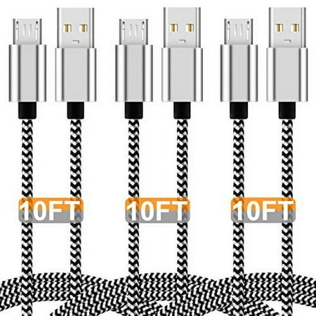 Micro USB Charging Cable, 10FT Nylon Braided Controller Charger, Charge and Play, Micro USB High Speed Charger Sync Cord for Controller Devices, Cell Phones and Tablets (3-Pack, 10 Foot)