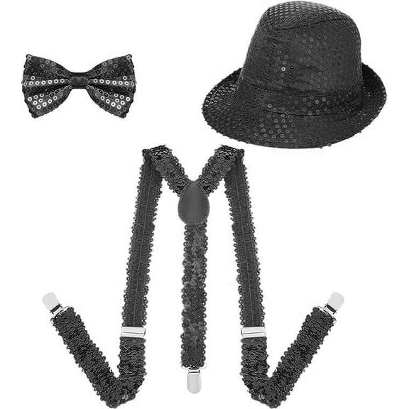 LWHAO Sequin Bow Tie & Suspenders & Hat Set, Suspender Bow Tie Set Clip On Y Shape Adjustable Braces for Rave Night