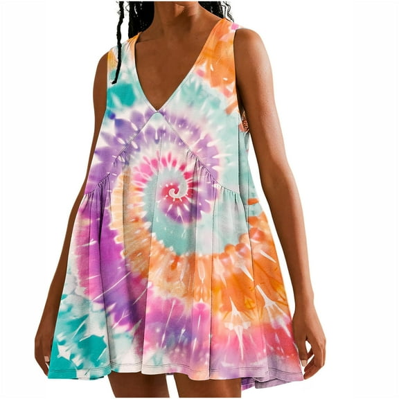Viikei Women's Summer Casual T Shirt Dresses,Plus Size Dresses Women Fashion,Women's Tie Printed Casual Loose Pleated Sleeveless V-neck Dress with Pockets Multicolor S