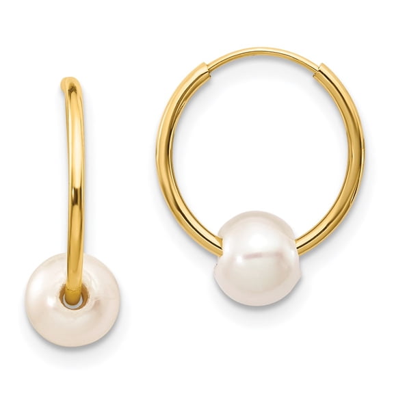 14K Yellow Gold Earring Endless Women'S 5-6Mm White Semi-Round Freshwater Cultured Pearl Hoop Earrings