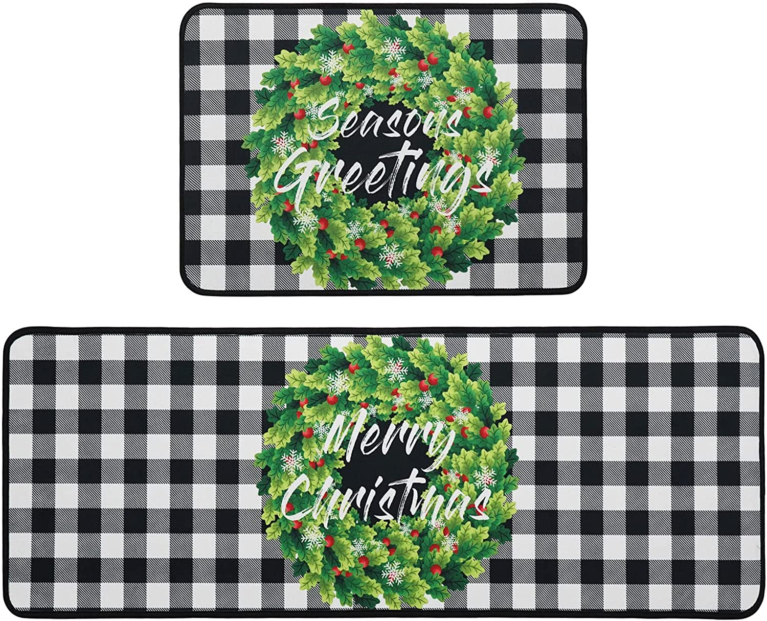 Fuoxowk Christmas Holly Wreath Kitchen Rug Set,Buffalo Plaid Merry