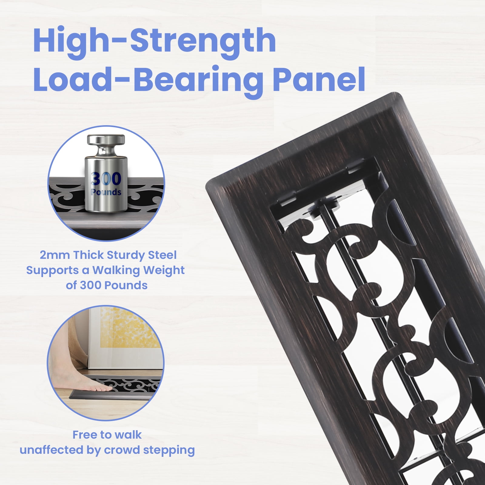 2x10 inches 2 Pack Heavy Duty Steel Walkable Floor Register - Easy Adjust Air Lever - Savannah Design Decorative Floor Vents - Oil Rubbed Bronze