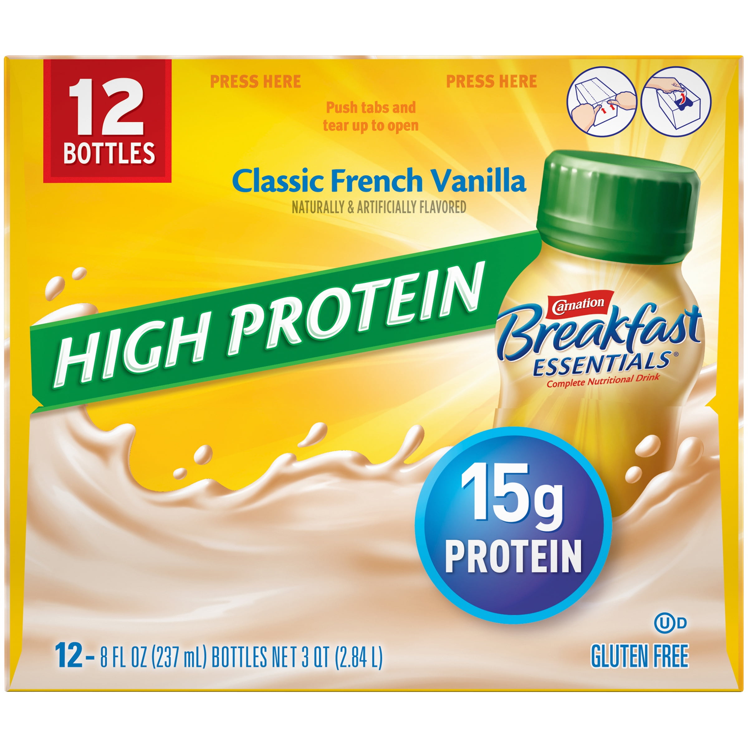 CARNATION BREAKFAST ESSENTIALS HIGH PROTEIN Classic French Vanilla 12-8 fl. oz. Bottles