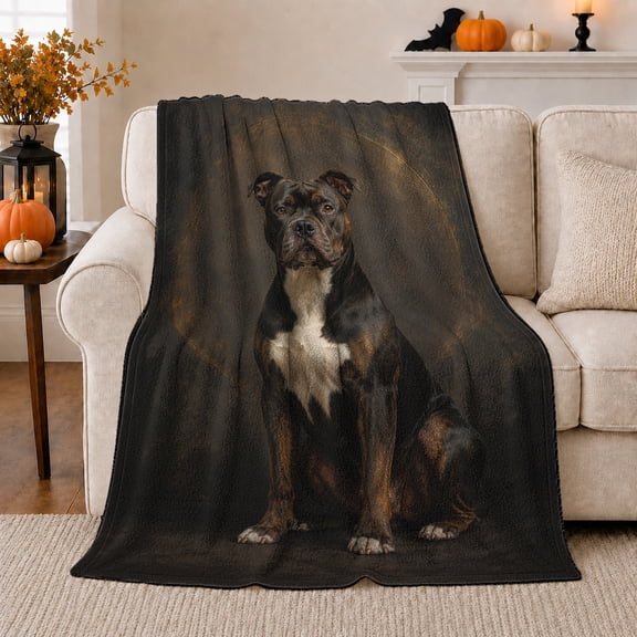 Brindle Dog Portrait on Black Background, Realistic Pet Style for Dog Lovers, Golden Arch Scene, Warm Flannel Blanket for Living Room and Bedroom, Birthday Gift and Bold Home Decor
