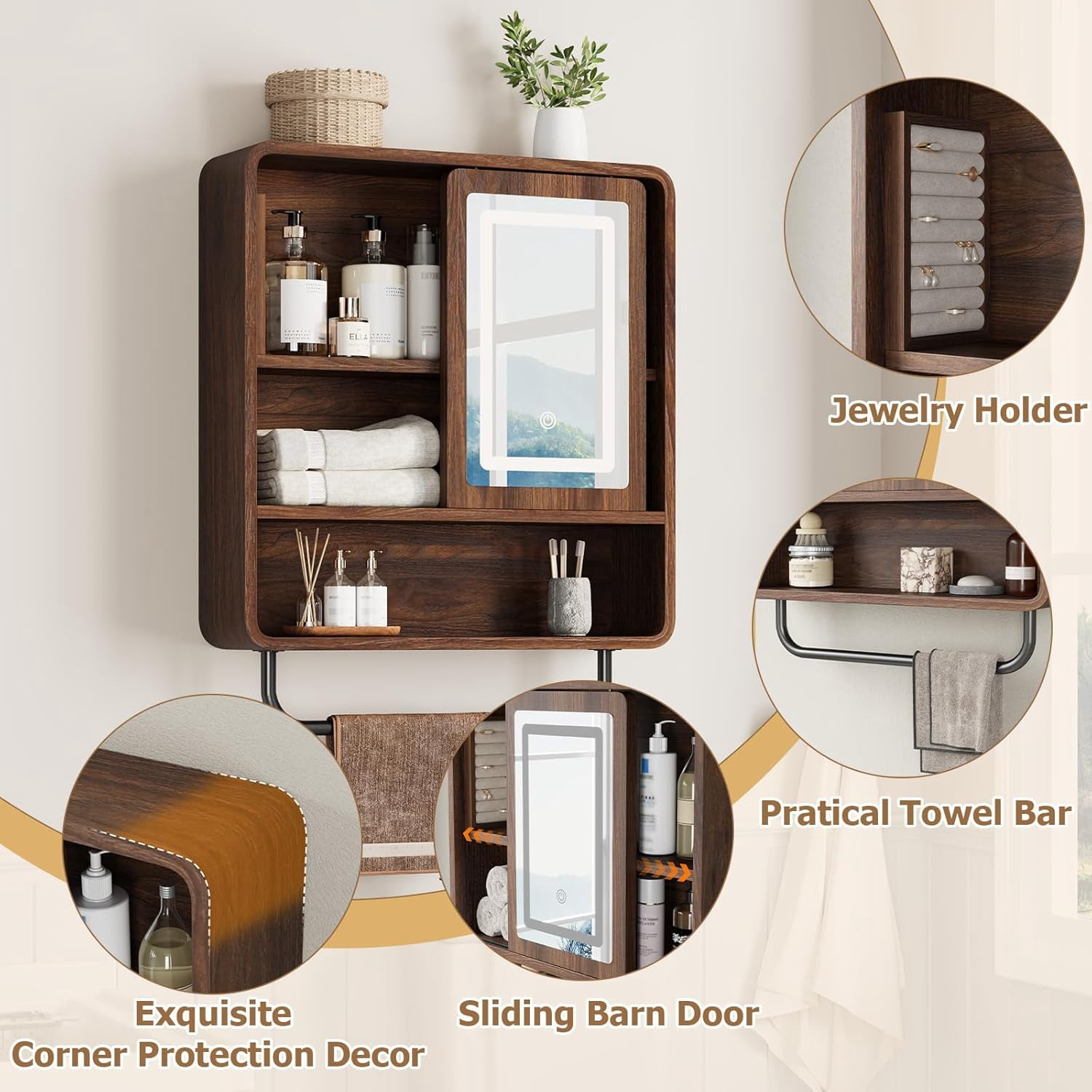 Vecenuy Modern Bathroom Wall Cabinet, Medicine Cabinets with Mirror, Over The Toilet Storage Cabinet for Bathroom, Towel Bar, Sliding Door, 3 Lighting Modes, Adjustable Brightness, Dark Walnut