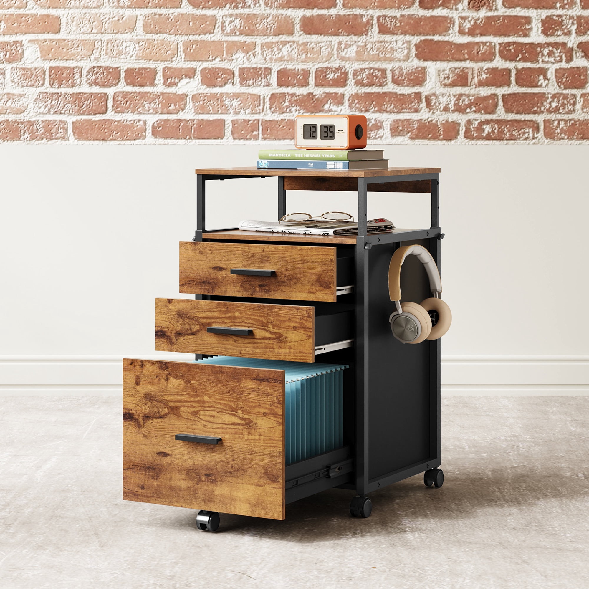 GALAXHERO Wood File Cabinet with 3 Drawers, Mobile Printer Stand with Adjustable Height for Home Office, Rustic Brown