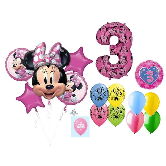 DalvayDelights Minnie Mouse 3rd #3 Third Birthday Forever 16 Piece Mylar & Latex Balloons Bouquet Set New!