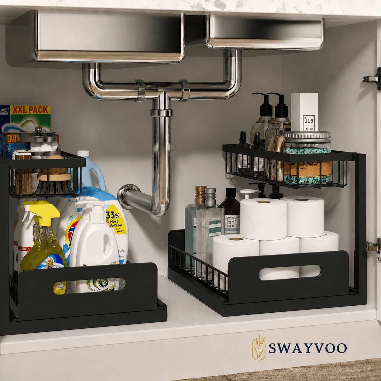 Swayvoo Under Sink Organizer 2 Pack — 2-Tier Adjustable Sliding Under Sink Storage for Bathroom & Kitchen Cabinet, Pull-Out Basket Organizer, Black