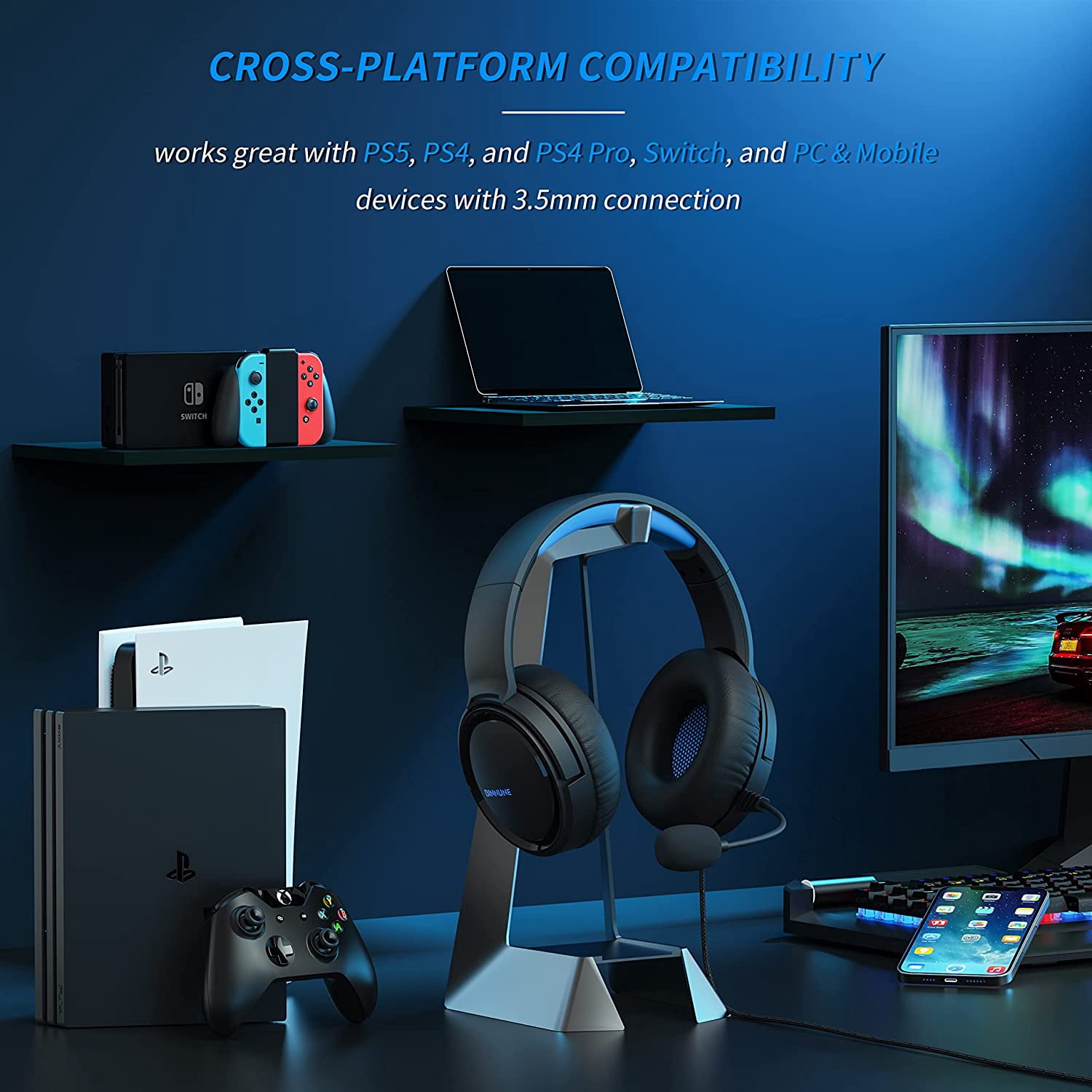 BINNUNE Wired Headset with Mic, 3.5mm Connector for School Kids Adults | Cord PC Video Gaming Headphone with Volume Control for Computer Laptop PS4 Playstation 5 Nintendo Switch, Blue