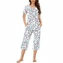 Nrmvnmi Women's Sleepwear Capri Pajama Sets Graphic Prints Button Folded Crew Neck Short Sleeved Tops And Elastic Waisted Pants With Pockets Comfortable Loungewear Sports Pajama Set