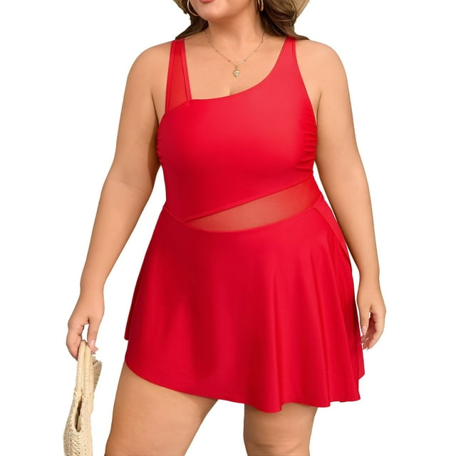 Charmo Plus Size One Piece Swimsuit Swim Dress Mesh Cutout Skirt Bathing Suits Women Side Split Modest Swim Suits