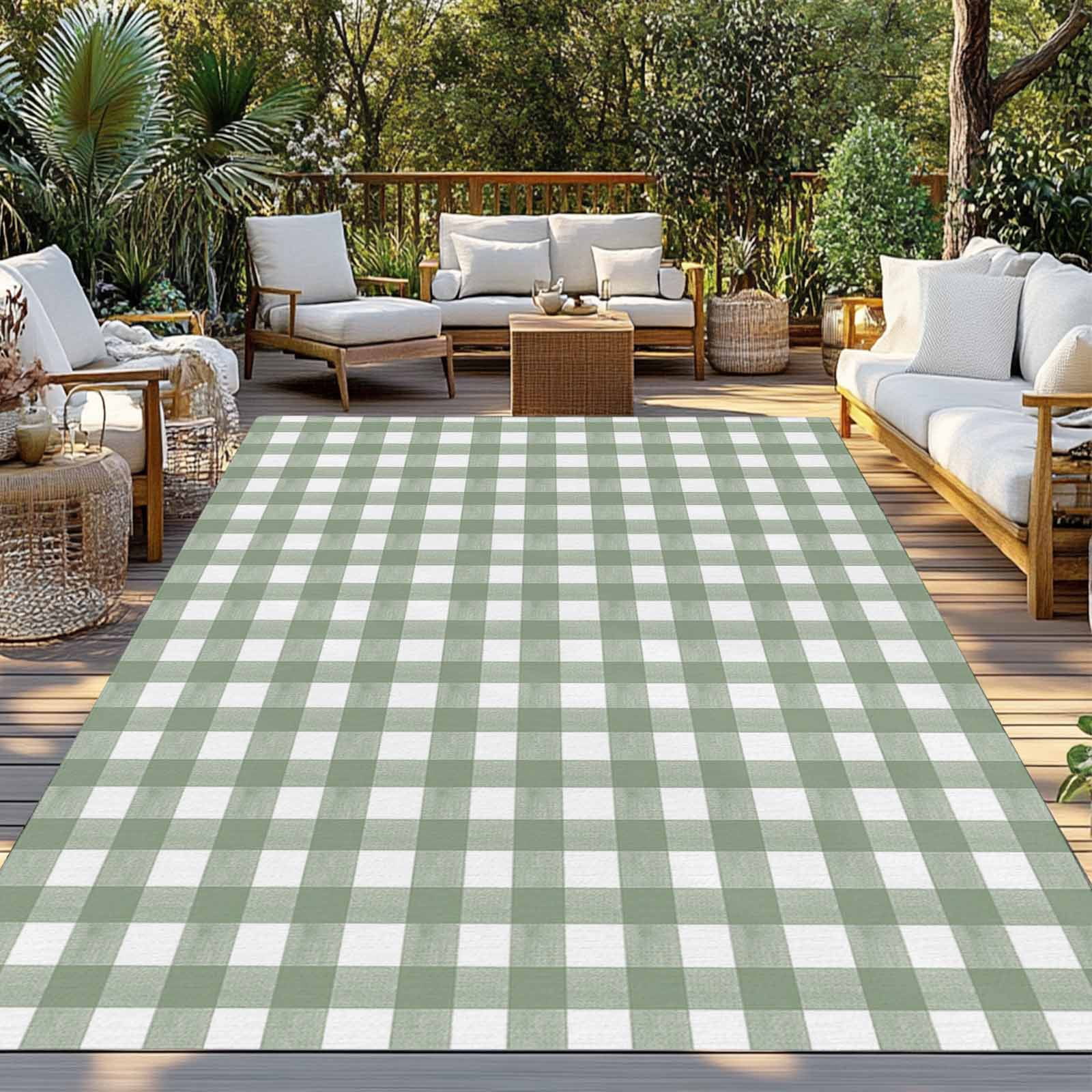 Outdoor Rug 6x9 ft Rustic Checkered Plaid Waterproof Outdoor Patio Rug Mat Non Slip Outside Area Rugs Carpet for RV,Camping,Porch,Deck,Pool,Balconybackyard,Sage Green