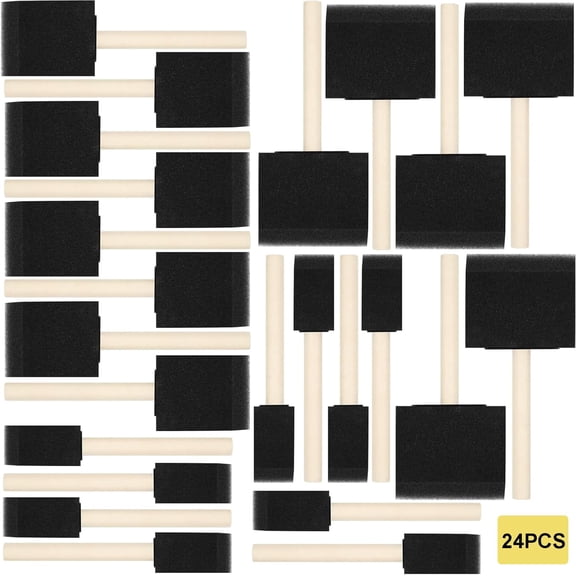 KINGORIGIN 24-Pack Foam Paint Brush Set, Assorted Sizes 1", 2", 3" Sponge Brushes with Wooden Handles for Acrylic Painting, Staining & Craft Projects