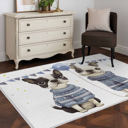 Animals 4x6 Rug for Dining Table for 4 People Under Table Pets DogsBalloons Flags Sweaters Blue Linen ashable Non Slip Rectangle Area Rug