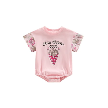 

Ma&Baby Little Kids Baby Girls Summer Casual Romper Pink Short Sleeve O Neck Letter Fried Chips Print Romper