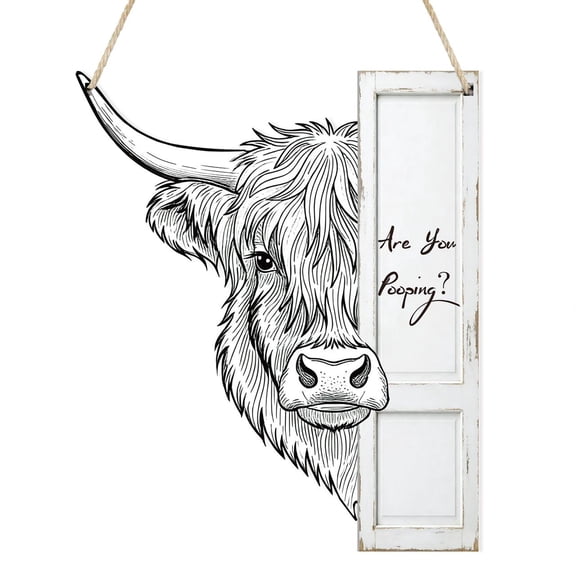 Uflashmi Humorous Are You Pooping Sign-Highland Cow Bathroom Decor, Funny Bathroom Wall Art, Wooden Signs, 11.8x12.5inches, White