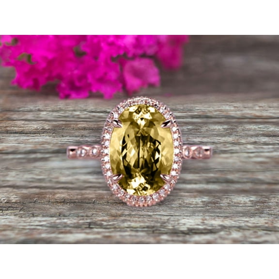 2 Carat 8x6mm Oval Cut Champagne Diamond Moissanite Engagement Ring On 10k Rose Gold Halo Stackable Ring Art Deco Anniversary Gift Personalized for Brides