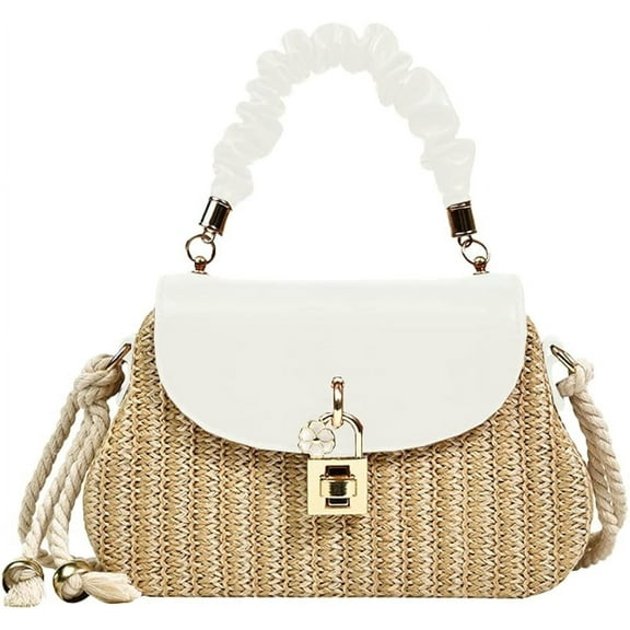 Kukuzhu Women Straw Crossbody Bag Leather Top Handle Straw Handbag Summer Straw Beach Bag Weave Shoulder Bag Rattan Clutch Purse