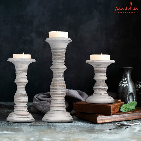 Mela Artisan Mangowood Candle Holders Set of 3, Distressed White Pillar Candle Holder, 6" x 9" x 12"