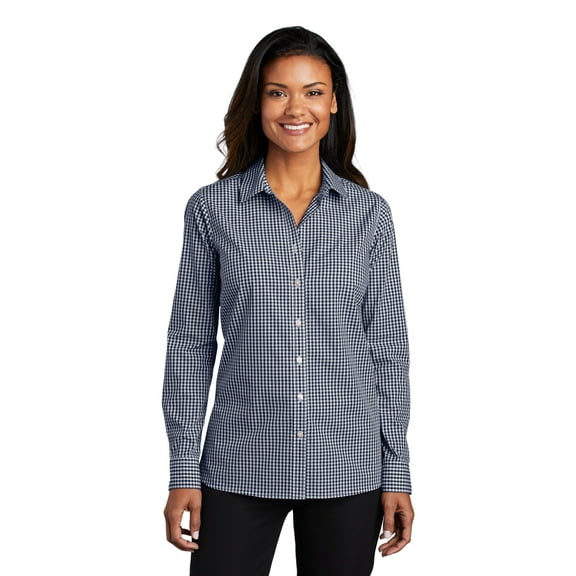 Port Authority LW644 Ladies Broadcloth Gingham Easy Care Shirt, True Navy/ White, L