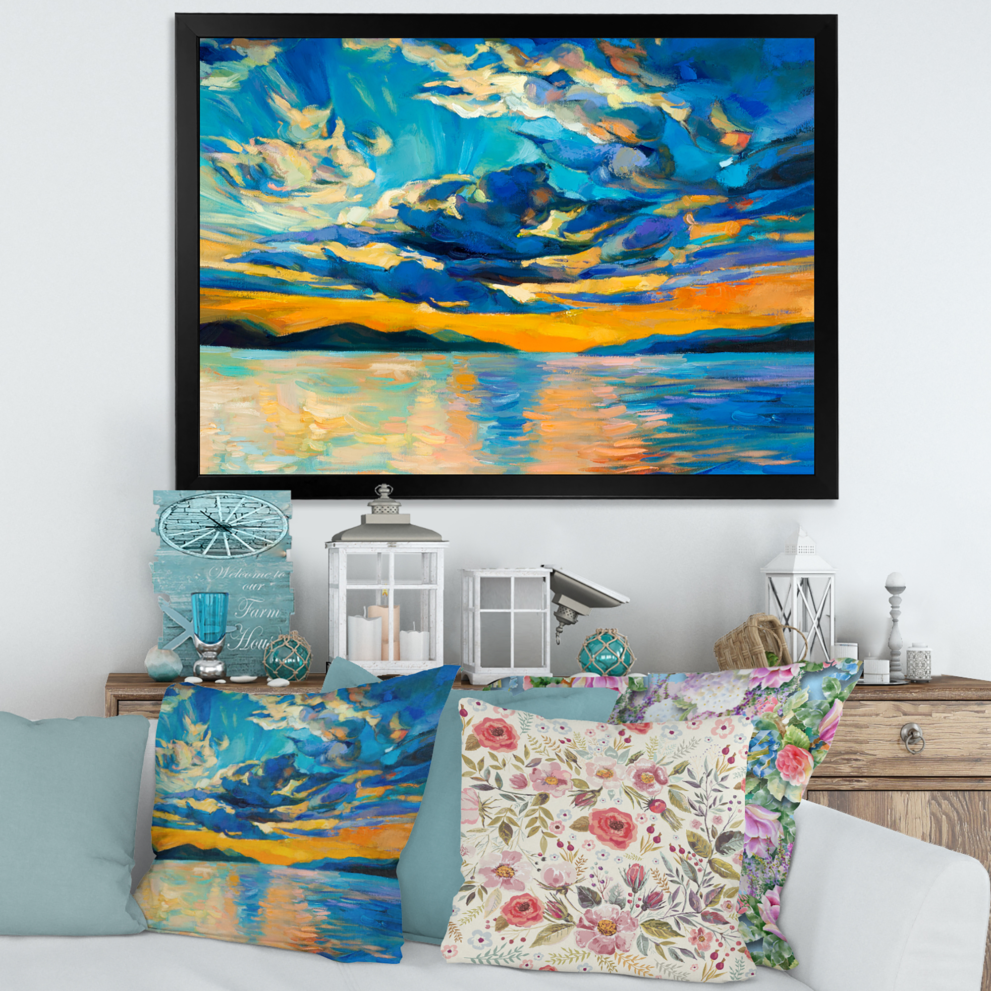 Designart 'Cloudy Sunset Over Wide Open Ocean Horizon' Nautical & Coastal Framed Art Print