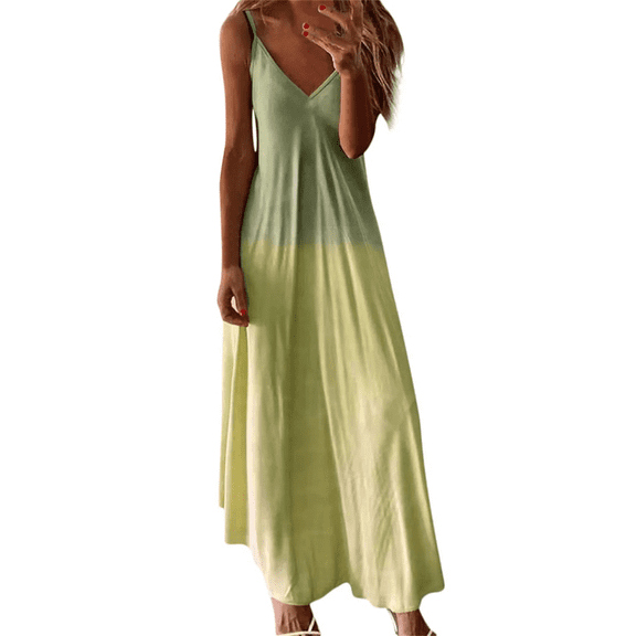 Summer Dress For Women Tie-dye Gradient Casual Deep V-Neck Sleeveless Maxi Boho Long Dress Solid Flowy Party Beach Vacation Dress