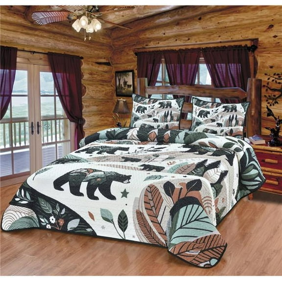 De Leon Collections 63857 Forest Life Woodland Black Bear Green Nature Lodge Cabin Themed Decorative Bedding Set Queen Quilt   2 Pillow Shams