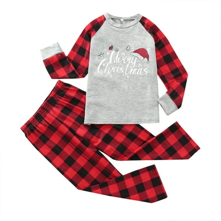 

NECHOLOGY Plaid Family Pajamas Kids Children Christmas Letter Print Long Christmas Matching Pajamas for Family And Dog Suit Grey 4
