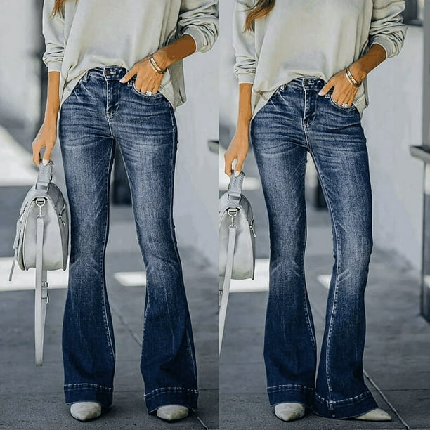 Women's Bell Bottom Denim Pants High Waisted Stretchy Pull-On